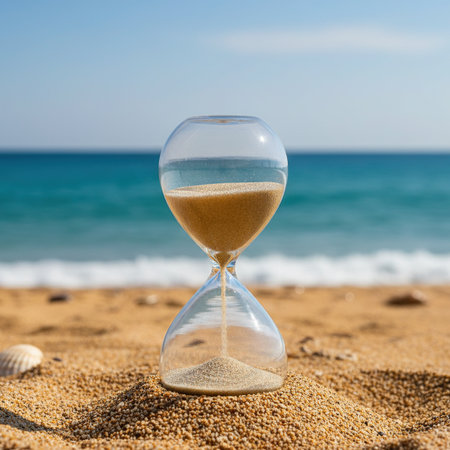 Sandglass on the beach near the sea. Concept of time managementの素材