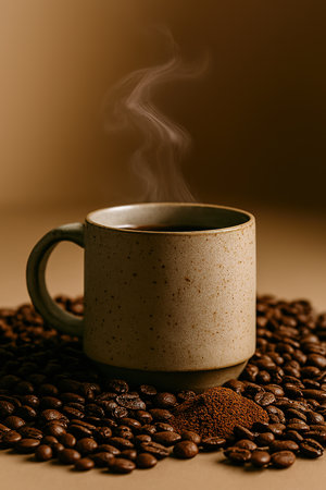 Coffee cup and coffee beans on beige background. Toned.の素材