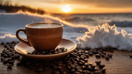 Coffee cup and coffee beans on wooden table with sunset backgroundの素材