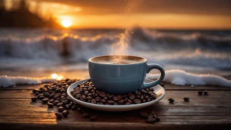 Coffee cup with coffee beans on wooden table and sunset backgroundの素材