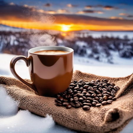 Coffee cup and roasted coffee beans on a background of winter landscape.の素材
