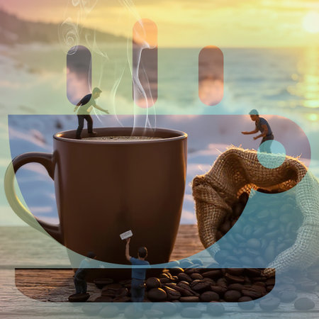 Coffee cup and coffee beans on wooden table in front of sea.Tiny world.の素材