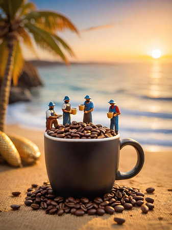 Tiny World Coffee Harvest at Sunset Creative miniature diorama of small figures on a giant coffee mug and burlap sack of beans by the ocean.の素材