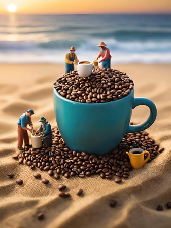 Tiny World Coffee Harvest at Sunset Creative miniature diorama of small figures on a giant coffee mug and burlap sack of beans by the ocean.の素材