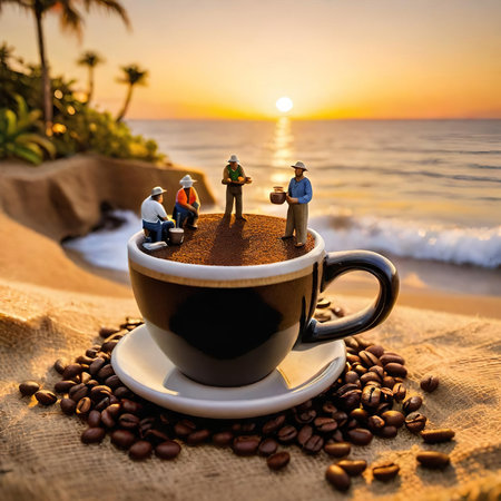 Tiny World Coffee Harvest at Sunset Creative miniature diorama of small figures on a giant coffee mug and burlap sack of beans by the ocean.の素材