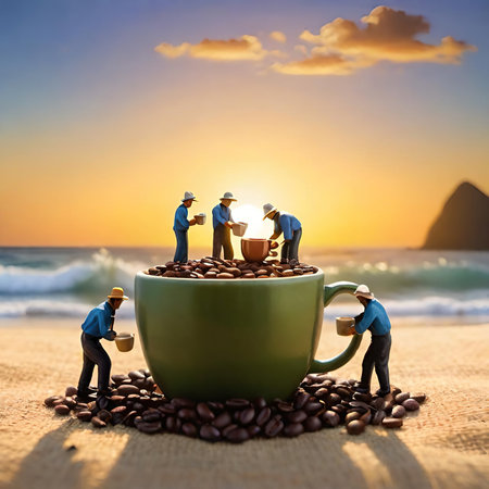 Tiny World Coffee Harvest at Sunset Creative miniature diorama of small figures on a giant coffee mug and burlap sack of beans by the ocean.の素材