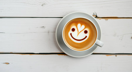 Smiley Latte on Rustic White Wood with Copy Spaceの素材