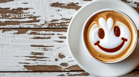 Smiley Latte on Rustic White Wood with Copy Spaceの素材