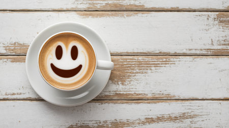 Smiley Latte on Rustic White Wood with Copy Spaceの素材