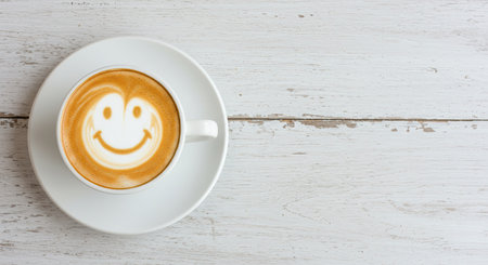 Coffee cup with smiling face on white wooden table, top viewの素材