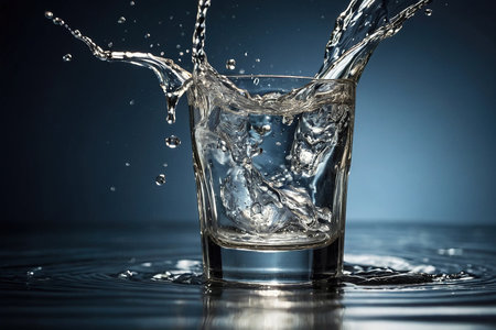 splashing water in a glass on a dark background close-upの素材