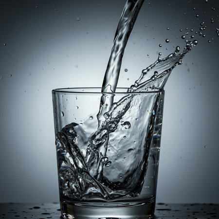 Glass of water with splashes and drops on a gray background.の素材