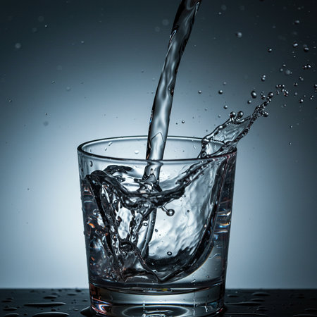 Pouring water into glass with splashes on a gray background.の素材