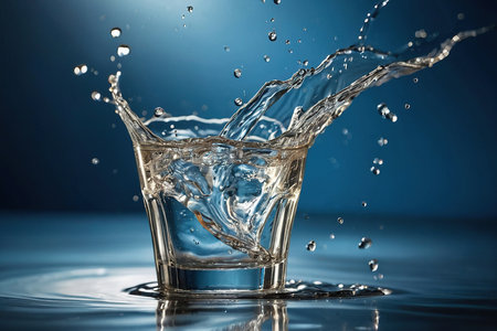 Splashes of water in a glass on a dark blue background.の素材