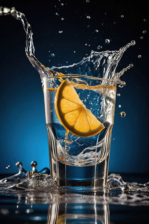 Splash of water in a glass with lemon on a blue backgroundの素材
