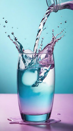 Water splashing from bottle into glass on blue and pink background.の素材