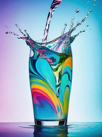 Colorful splashes in a glass of water on a blue backgroundの素材
