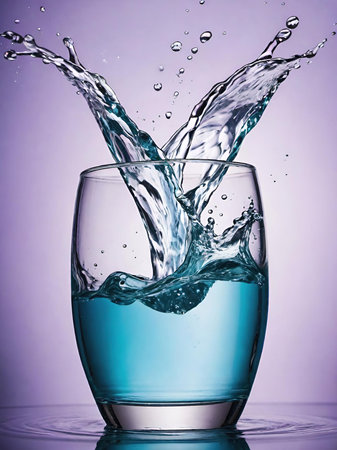 Water splashing into a glass on a purple background, studio shotの素材