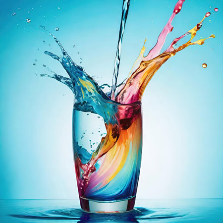 Colorful splashes of water in a glass on blue background.の素材
