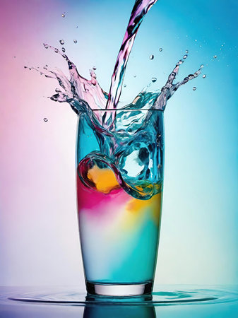Colorful splashing water in a glass on a blue background.の素材
