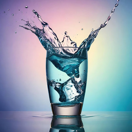 Water splashing into glass with ice cubes on colorful background. 3d illustrationの素材
