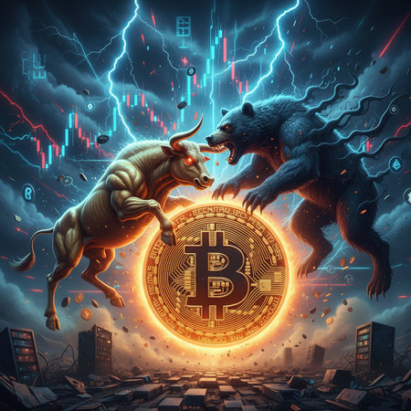 Two bears fighting on the background of the city and lightning. The concept of the collapse of the crypto currency.の素材