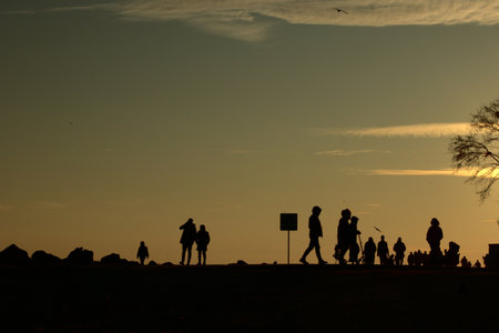 Silhouette of a group of people walking in the sunset.