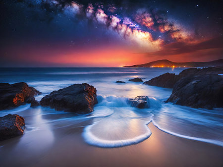 Milky Way and Ocean Long Exposure at Twilight.Epic, serene image of the Milky Way galaxy over a vibrant orange horizon and coastal rocks, with smooth, misty water effect.の素材