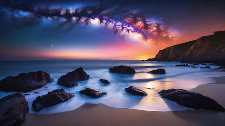 Milky Way and Ocean Long Exposure at Twilight.Epic, serene image of the Milky Way galaxy over a vibrant orange horizon and coastal rocks, with smooth, misty water effect.の素材