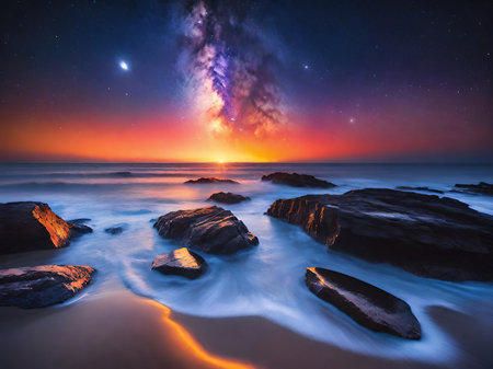 Beautiful seascape with milky way and starry skyの素材