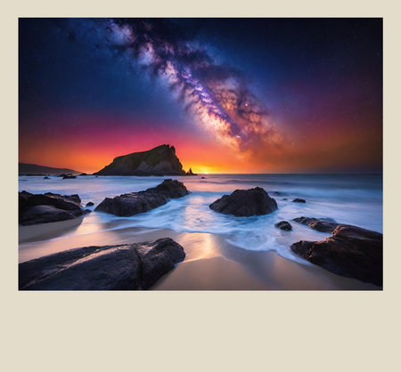 Milky Way Arch Over Rugged Coast at Twilight.Stunning long exposure of the Milky Way galaxy and colorful sky over dark ocean rocks and silky waves on a remote beach.の素材