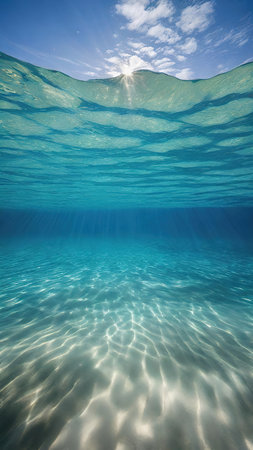 Underwater view of sea surface with sun rays and transparent water.の素材