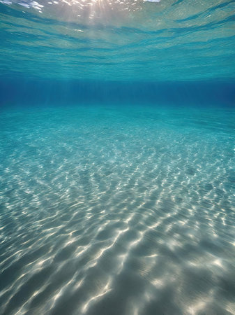 Underwater view of the sea surface with ripples and sunlight.の素材