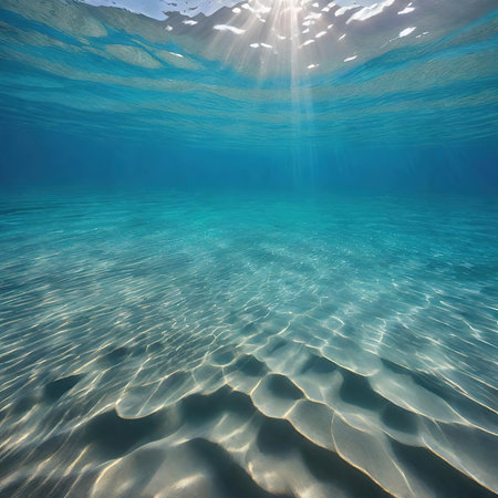 Underwater view of the ocean with sunbeams and transparent waterの素材