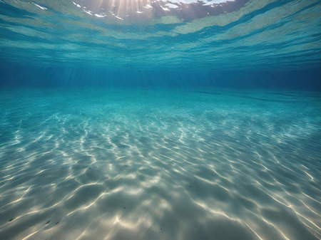 Underwater view of the sea surface and sun rays coming through the waterの素材