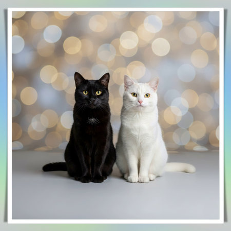 Two black and white cats sitting in front of bokeh backgroundの素材