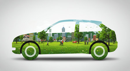 Eco car concept with green city and people. Vector illustration.Eco-Friendly City Car Concept.の素材