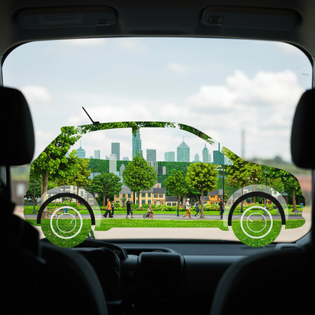 Car inside view with green city on the background. 3d rendering.Eco-Friendly City Car Concept.の素材