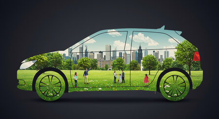 Conceptual image of a green city with people and a car.Eco-Friendly City Car Concept.の素材
