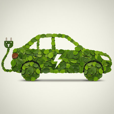 Ecology concept. Green electric car with green leaves. Vector illustration.の素材