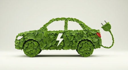 Green eco car with green leaves and electric plug. Alternative energy concept. 3D renderingの素材