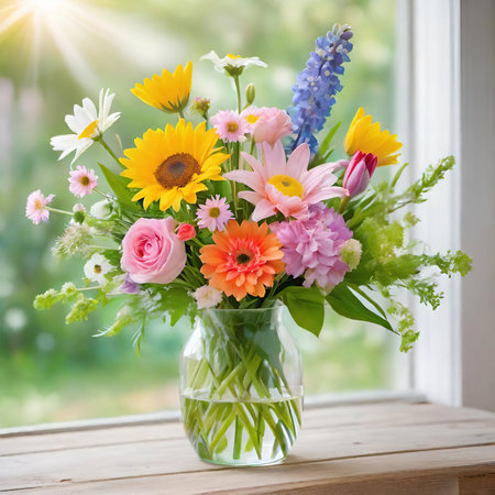 Bouquet of flowers in a glass vase on the windowsillの素材