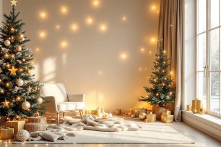Christmas interior with Christmas tree, presents and fireplace. 3d renderingの素材