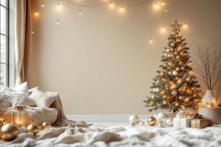 Christmas interior with Christmas trees and lights. 3d renderingの素材