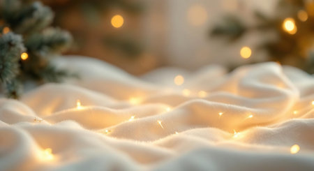 Christmas background with bokeh lights and fir tree branches on soft blanketの素材