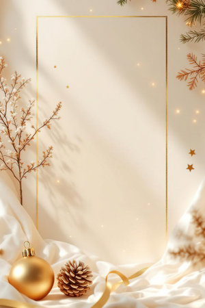 Christmas greeting card with golden baubles, fir branches and lightsの素材