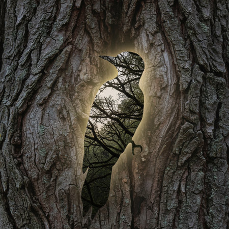 Woodpecker Silhouette Double Exposure on Tree Bark: Forest Canopy Inside Bird Formの素材
