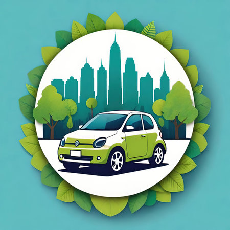 Green eco car on the background of the city. Vector illustration.の素材