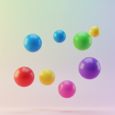 3d rendering of multicolored spheres on a colorful background.の素材