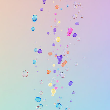 Colorful water drops on a rainbow background. 3D illustration.の素材
